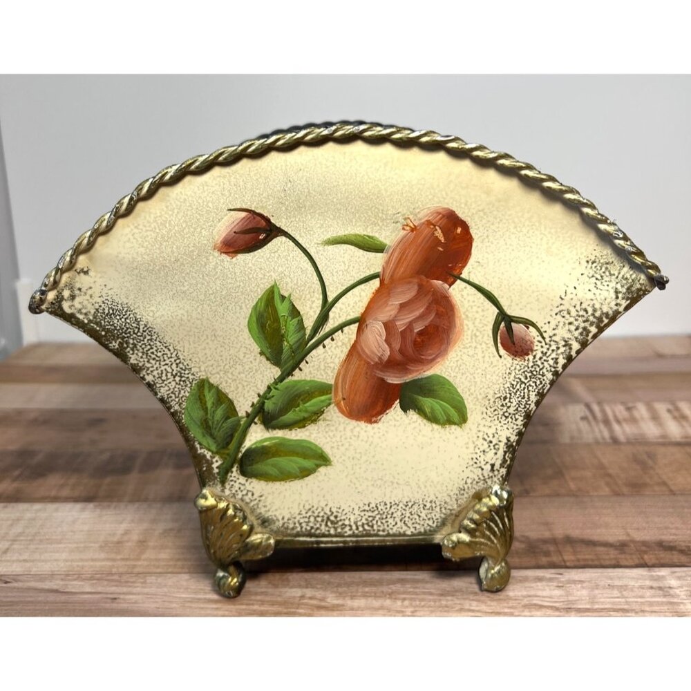 Galvanize/Metal Footed Fan Flare Top Planter/Vase With Hand Painted Pink Roses &